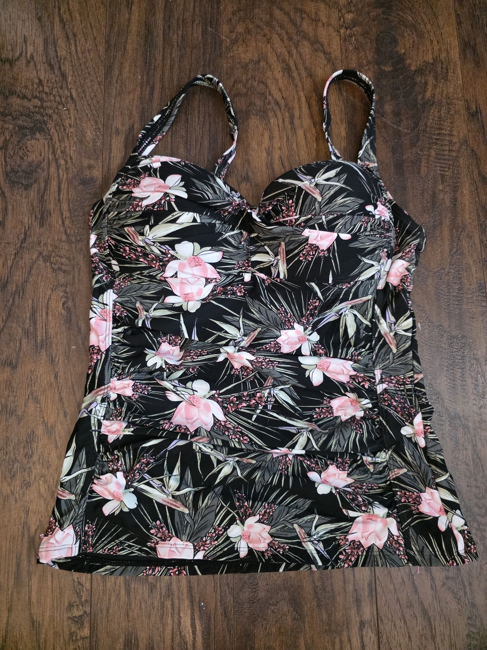 Floral Ruched Tankini Swim Top - Black with Pink Flowers